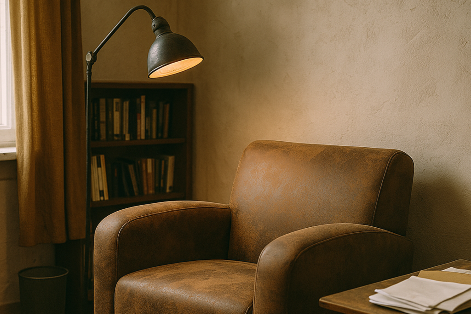 Ma lampe vintage a coté de mon fauteuil de lecture vintage
