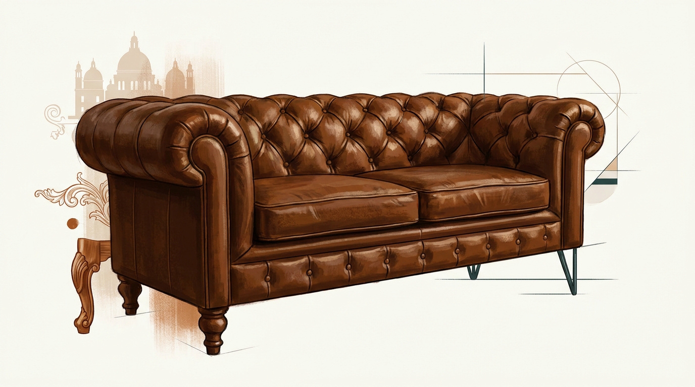 Canapé Chesterfield classique en cuir marron capitonné dans un salon moderne