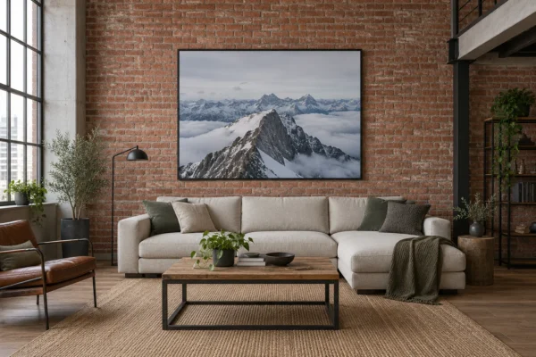 Tableau paysage de montagnes accroché sur un mur de briques dans un salon loft, au centre d’un canapé clair et d’une table